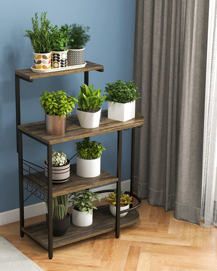 Giantex Kitchen Bakers Rack, 4-Tier Microwave Stand with 6 Hooks & Stemware Racks (Rustic Brown)