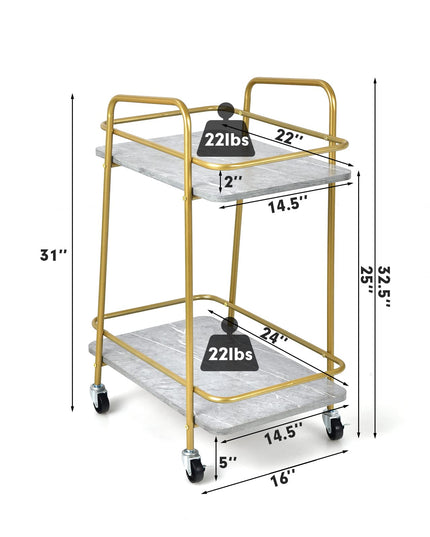 Giantex Gold Bar Cart, Island Service Cart, 2 Tier Storage Shelves with Guardrail for Dining Room Wine Coffee Bar