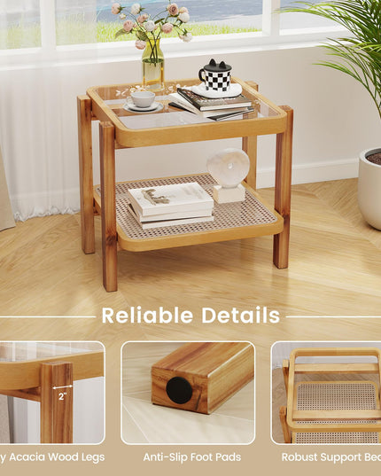 Giantex Rattan Side Table, Boho End Table for Living Room, Narrow Bedside Table with Tempered Glass Top