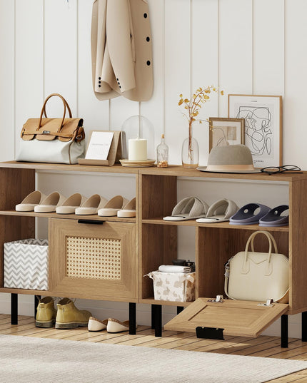 Giantex Rattan End Table with Cabinet Boho Nightstand