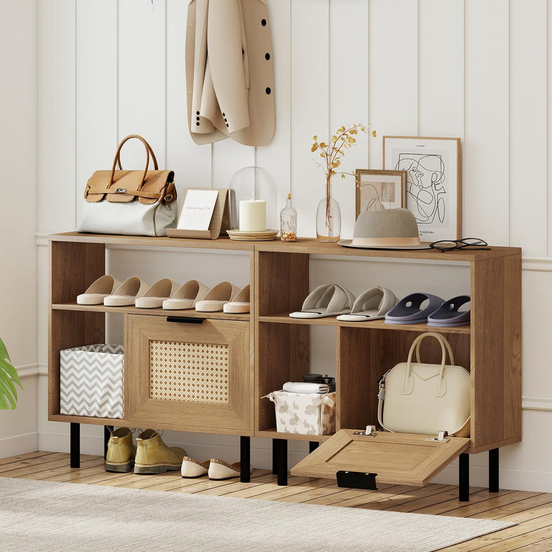 Giantex Rattan End Table with Cabinet Boho Nightstand