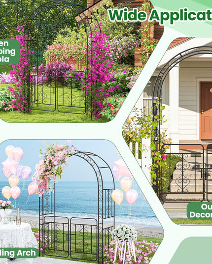 Giantex Garden Arbor with Gate, 84" H x 54" W Metal Arch Trellis for Climbing Plants Rose Vines