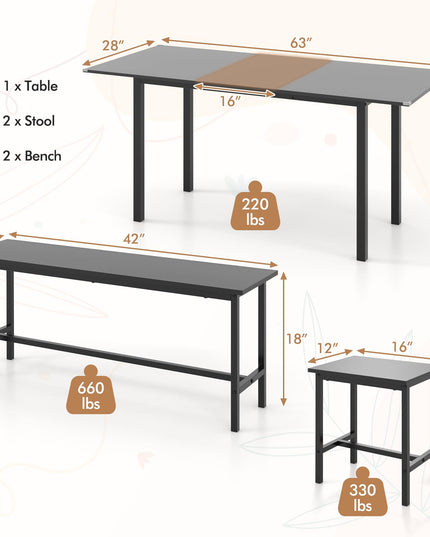 Giantex Dining Table Set for 4-6, 5-Piece Kitchen Table Chairs Set, 63” Extendable Table with 2 Benches
