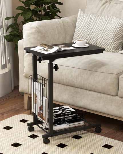 Giantex C Shaped End Table with Wheels, Height Adjustable Mobile Couch Snack Side Table with Storage Shelf