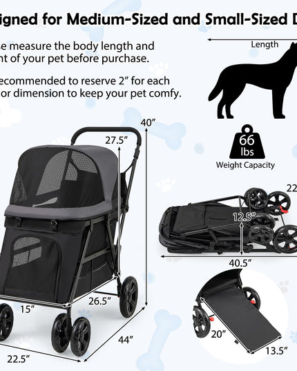 Giantex Dog Stroller with Low Entry & Ramp Access, Cat Stroller with Lockable & Shock-Absorbing All-Terrain Wheels