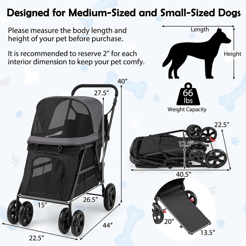 Giantex Dog Stroller with Low Entry & Ramp Access, Cat Stroller with Lockable & Shock-Absorbing All-Terrain Wheels