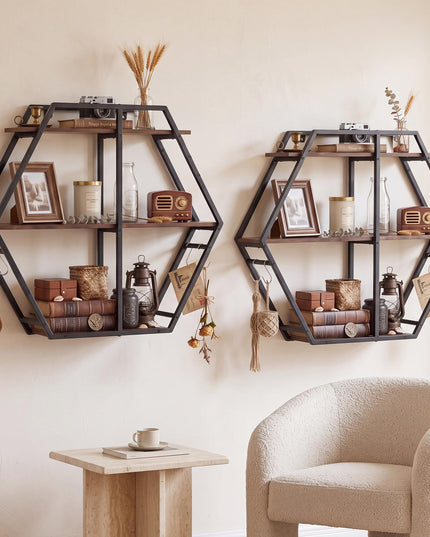 GIANTEX Industrial Hexagon Wall Shelf with 3-Tier Storage Shelves & 4 Hooks