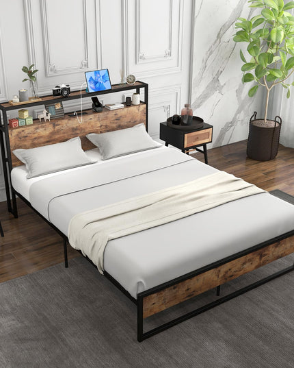 Giantex Full Bed Frame with Storage Headboard and Charging Station, with Outlets and USB Ports