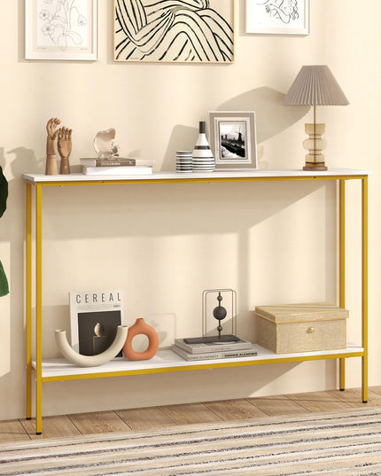 Giantex Gold Console Table with Shelf, 44" Narrow Entryway Table w/Dual Anti-Tipping Kits & Golden Metal Frame