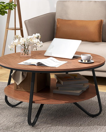 Giantex 2-Tier Round Coffee Table, 33.5" Wood Coffee Table with Open Storage Shelf