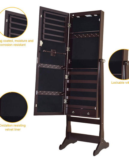 Giantex 57.5"H 2 LEDs Standing Jewelry Cabinet with Full Length Mirror with 2 Drawers, 4 Adjustable Angles, Jewelry Storage Organizer