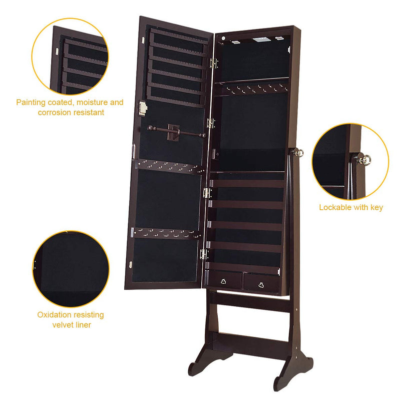 Giantex 57.5"H 2 LEDs Standing Jewelry Cabinet with Full Length Mirror with 2 Drawers, 4 Adjustable Angles, Jewelry Storage Organizer