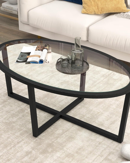 Giantex Glass Coffee Table, 46.5" Oval Accent Sofa Tea Table with Tempered Glass Top, Cross Base & Acacia Wood Legs