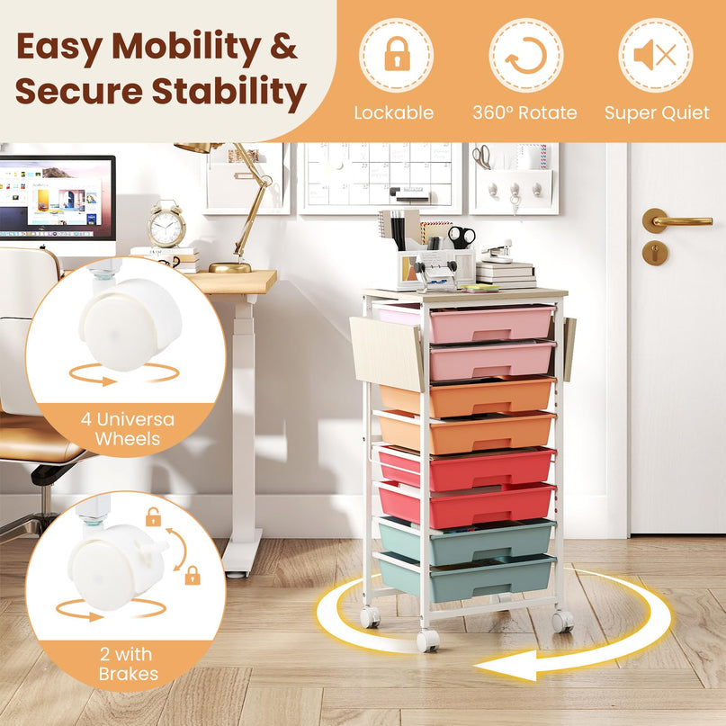 Giantex 8 Drawers Rolling Cart with Wheels Folding Wood Top