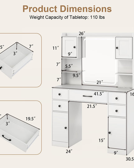 CHARMAID Vanity Desk with Mirror and Lights, White Makeup Vanity Desk with 5 Drawers