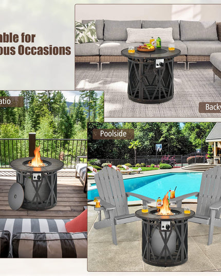 Giantex 32" Gas Fire Pit Table - 30,000 BTU Round Outdoor Fire Pit with Lid, PVC Cover, Glass Stones, Black