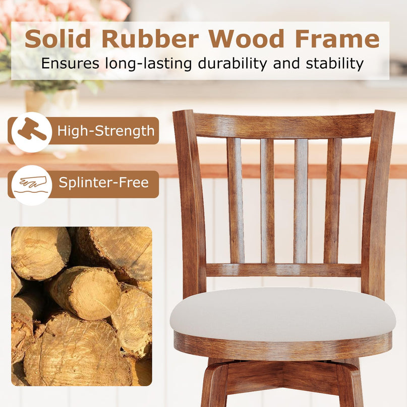 Tabourets de bar Giantex 63,5 cm avec pieds en bois d'hévéa, repose-pieds et assise rembourrée