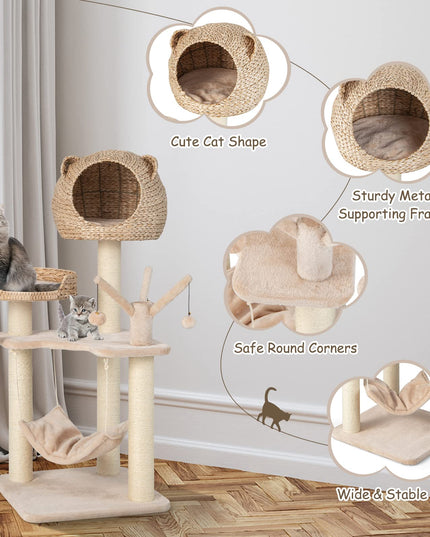 Giantex Wooden Cat Tree, 48 inches Cat Tower with Cattail Condo, Cat Bed, Hammock, Rotatable Jingling Balls