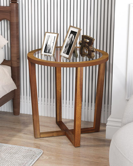 Giantex Glass Round End Table, Sofa Side Table with Transparent Tempered Glass Top