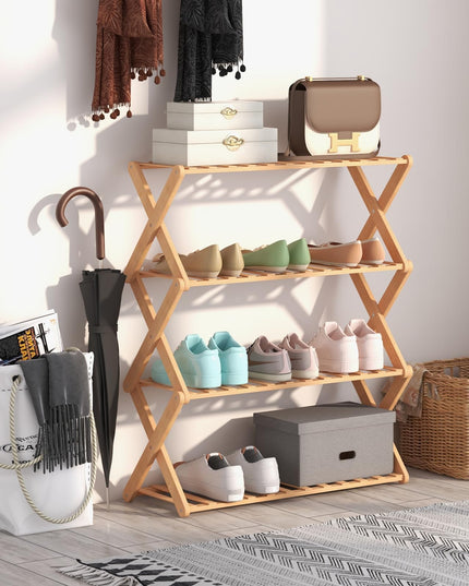 Giantex Bamboo Plant Stand Indoor, 4-Tier Folding Planter Shelf, Foldable Display Rack w/ Slatted Shelves, No Assembly