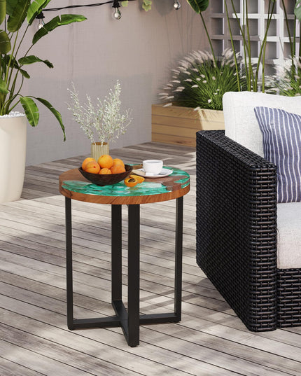 Giantex 20” Teak Wood Outdoor Side Table - Round End Table with Epoxy Resin Tabletop
