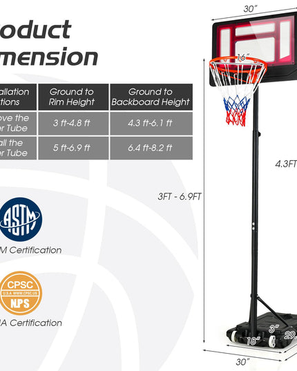 Giantex Portable Basketball Hoop, 4.3 FT-8.2 FT Stepless Height Adjustable Basketball Goal System for Kids Teenagers Youth
