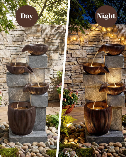 Giantex 4-Tier Cascading Bowls Waterfall Fountain with Warm LED Lights & Pump