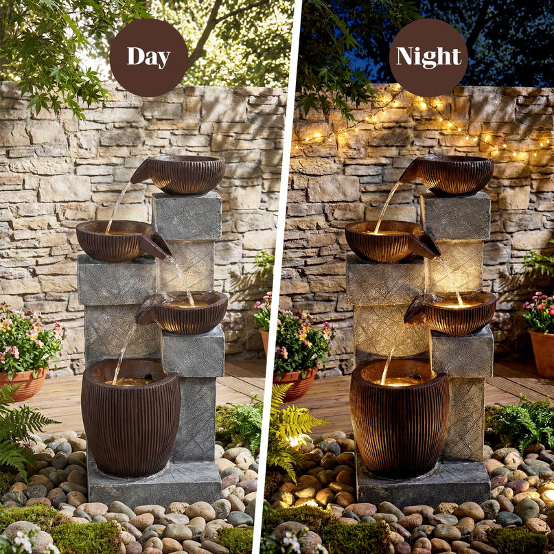 Giantex 4-Tier Cascading Bowls Waterfall Fountain with Warm LED Lights & Pump
