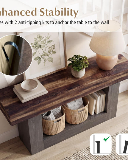 Giantex 63" Farmhouse Console Table with Storage Shelf - Rustic Brown