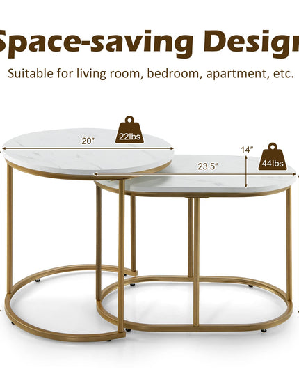 Giantex Modern Nesting Coffee Table Set of 2, Accent Marble Look Stacking Side Table for Living Room Bedroom