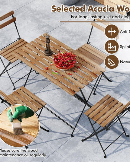 Giantex Acacia Wood Bistro Table with 4 Folding Patio Chairs for Yard Porch Garden Poolside
