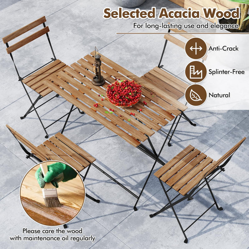 Giantex Acacia Wood Bistro Table with 4 Folding Patio Chairs for Yard Porch Garden Poolside