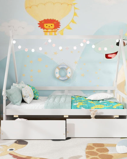 Giantex Twin Bed with 2 Storage Drawers, Wood Montessori House Tent Bed Frame with Safety Guardrail