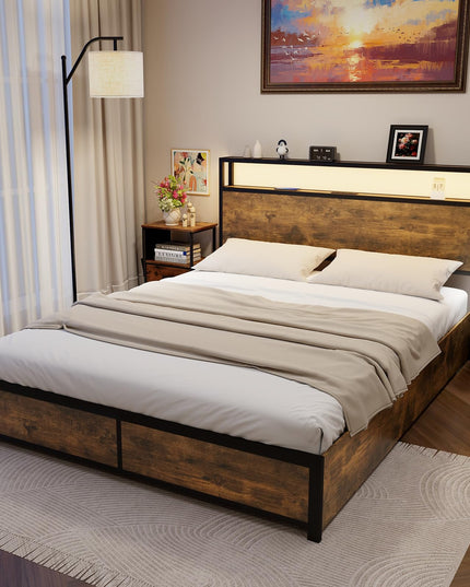 Giantex Queen/Full Bed Frame with LED Lights Headboard and 4 Storage Drawers