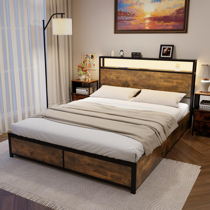 Giantex Queen/Full Bed Frame with LED Lights Headboard and 4 Storage Drawers