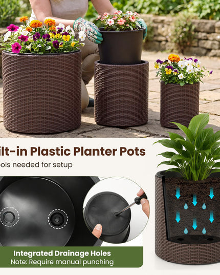 GIANTEX Set of 3 Rattan Round Flower Pot Set