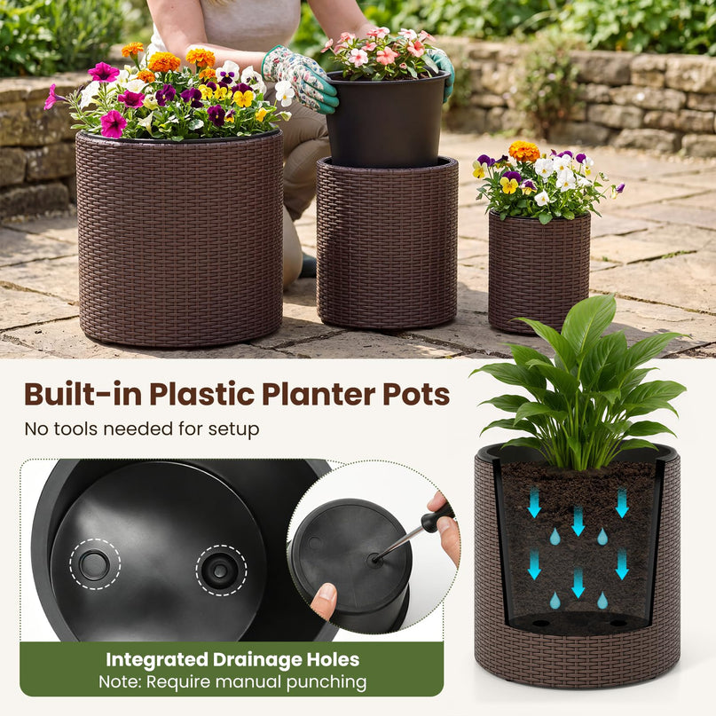 GIANTEX Set of 3 Rattan Round Flower Pot Set