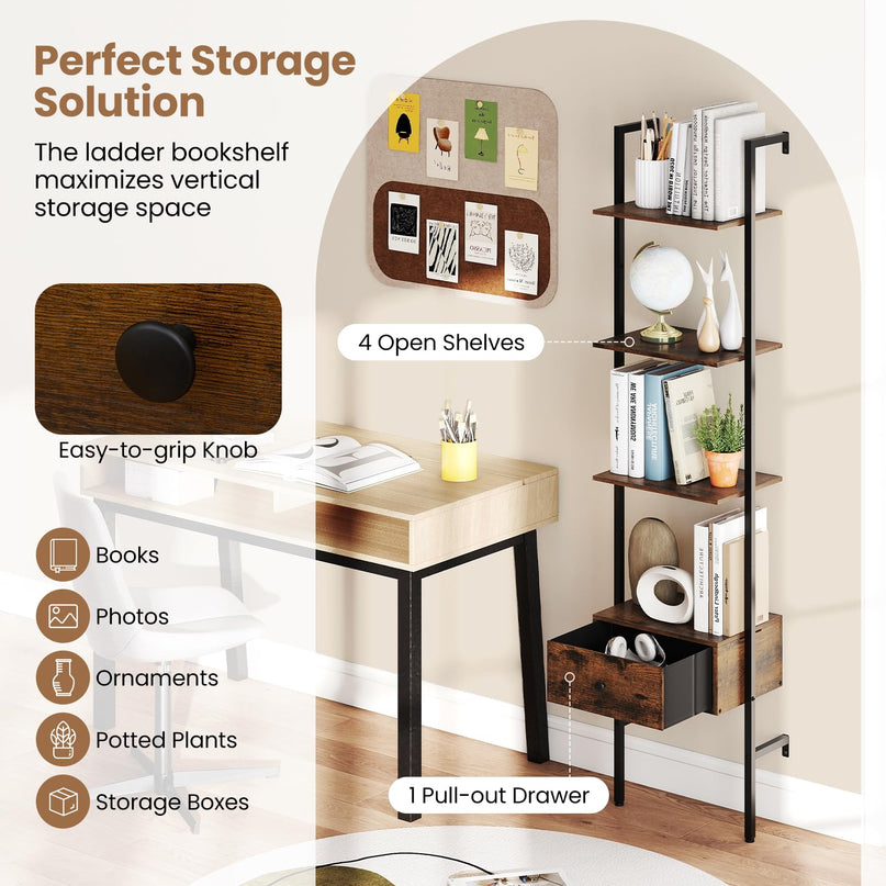 Giantex 5 Tier Ladder Bookcase with Drawer for Living Room