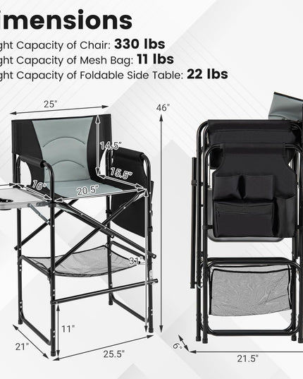 Chaise de réalisateur Giantex de 46 pouces de haut, chaise de camping pliante avec hauteur d'assise de 31 pouces, table latérale, porte-gobelet