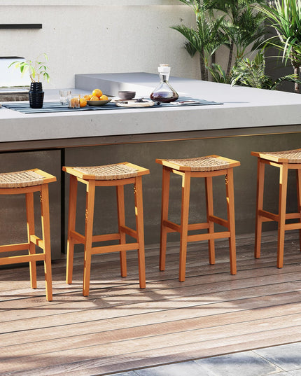Giantex Outdoor Wooden Bar Stools Set of 2/4 with PE Rattan Saddle Seat & Footrest