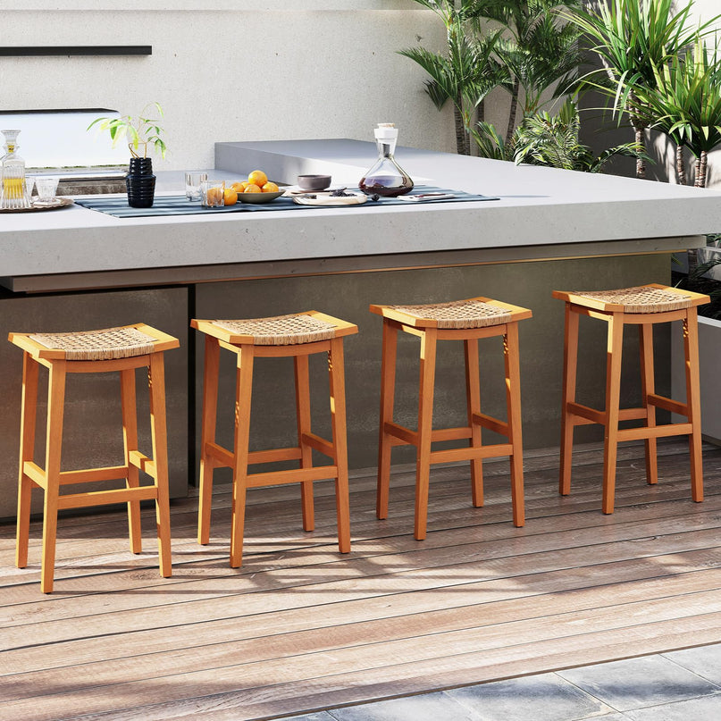 Giantex Outdoor Wooden Bar Stools Set of 2/4 with PE Rattan Saddle Seat & Footrest