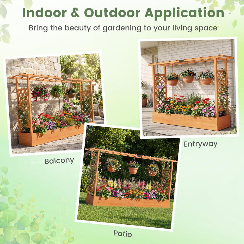 Giantex 45”Fir Wood Raised Garden Bed with Trellis & Hanging Roof