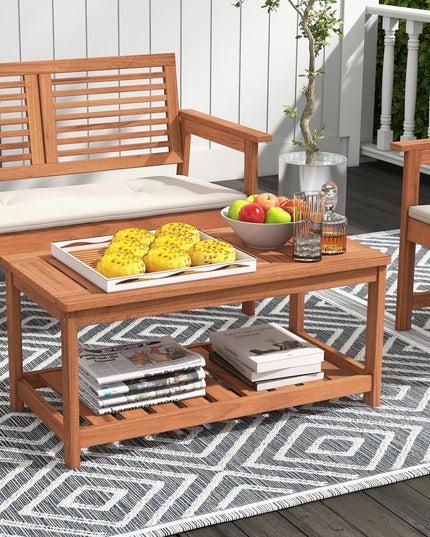 Giantex Hardwood Patio Coffee Table - 2-Tier Wooden Coffee Table