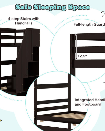 Giantex Bunk Bed Twin Over Twin with Storage Stairs & Drawers, Solid Wood Bunk Bed with Full-Length Guardrails