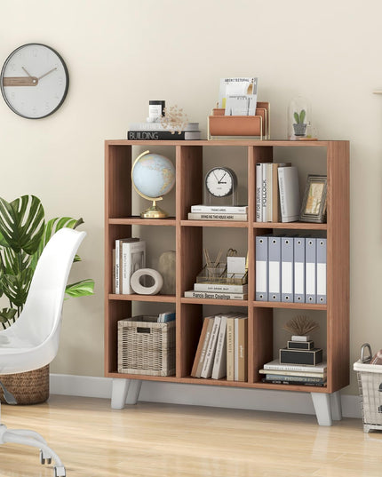 Giantex 9-Cube Open Bookcase, 3-Tier Freestanding Bookshelf with 4 Slanted Legs & 6 Removable Shelves