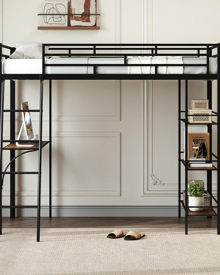 Giantex Twin Size Loft Bed with Desk & Shelves