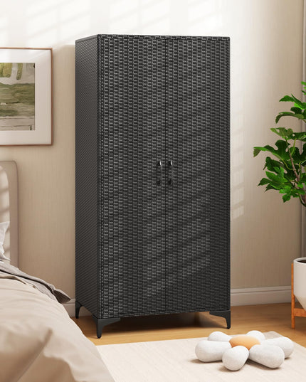 Giantex Wicker Storage Cabinet, 62” Tall Pantry Cabinet with 2 Doors, Hanging Rod, 4 Storage Cubes