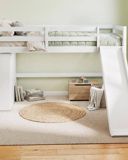 GIANTEX Twin Size Loft Bed with Slide Ladder Storage Shelves for Kids
