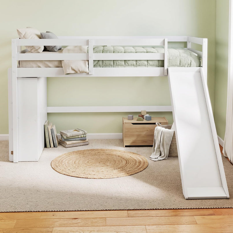 GIANTEX Twin Size Loft Bed with Slide Ladder Storage Shelves for Kids