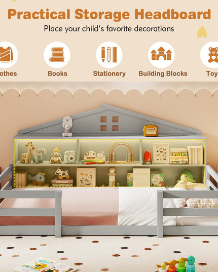 Giantex Twin/Full Size Montessori Wooden Floor Bed with LED Lights